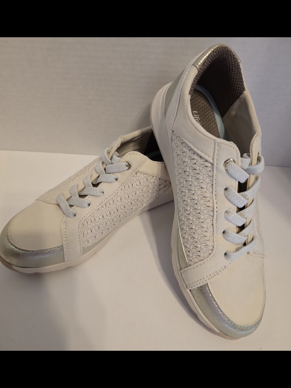 Life Stride Bzees Women's Cream and Silver Knit Slip-On Sneakers